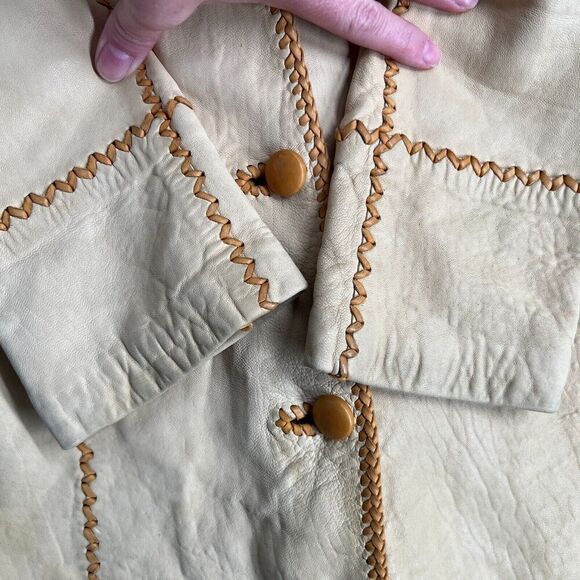 Vintage North Beach Leather Jacket Cream Whipstitch Button Up Hippie Pockets - Picture 5 of 16